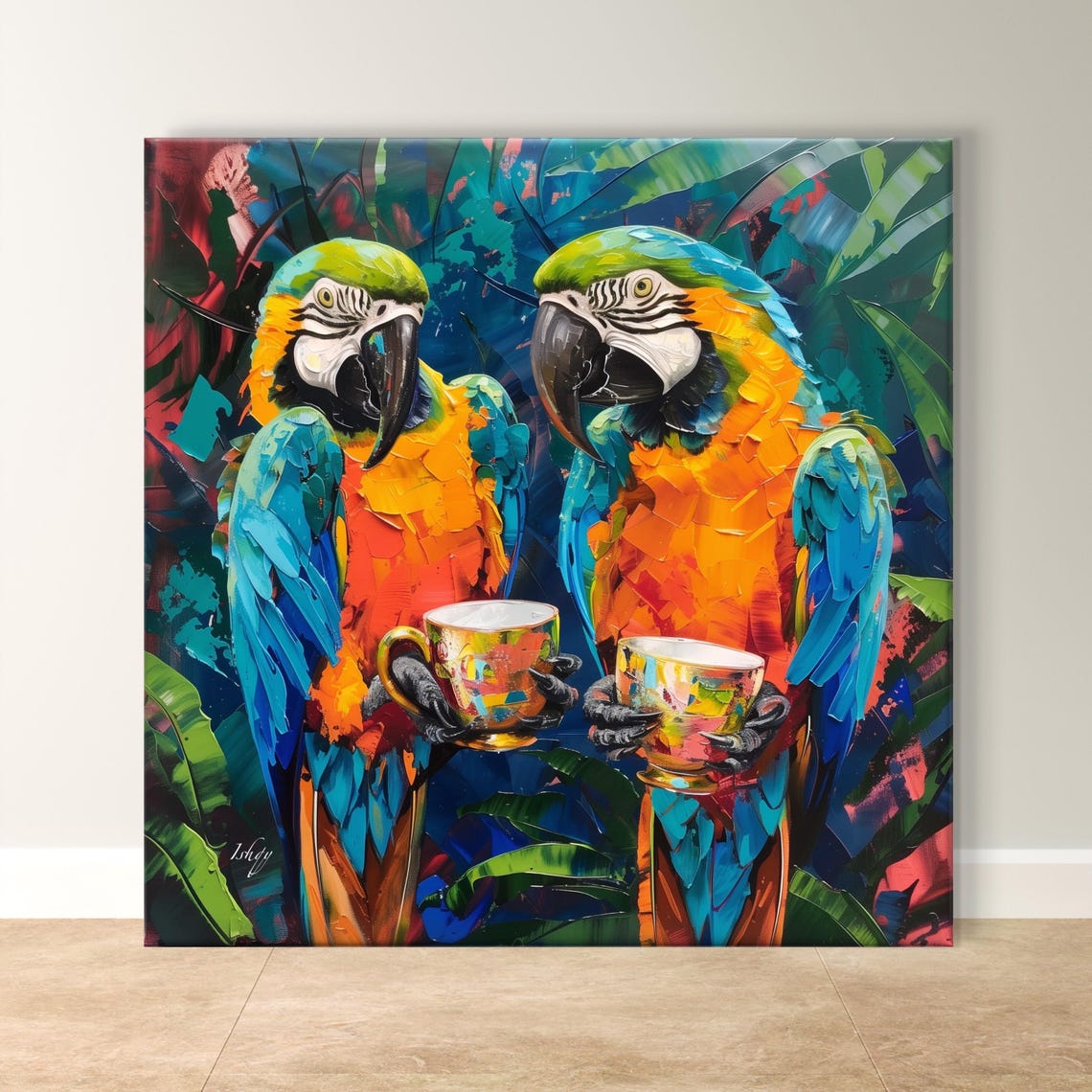 Two Macaw Parrots Drinking Tea Tropical Whimsical Bird Poster