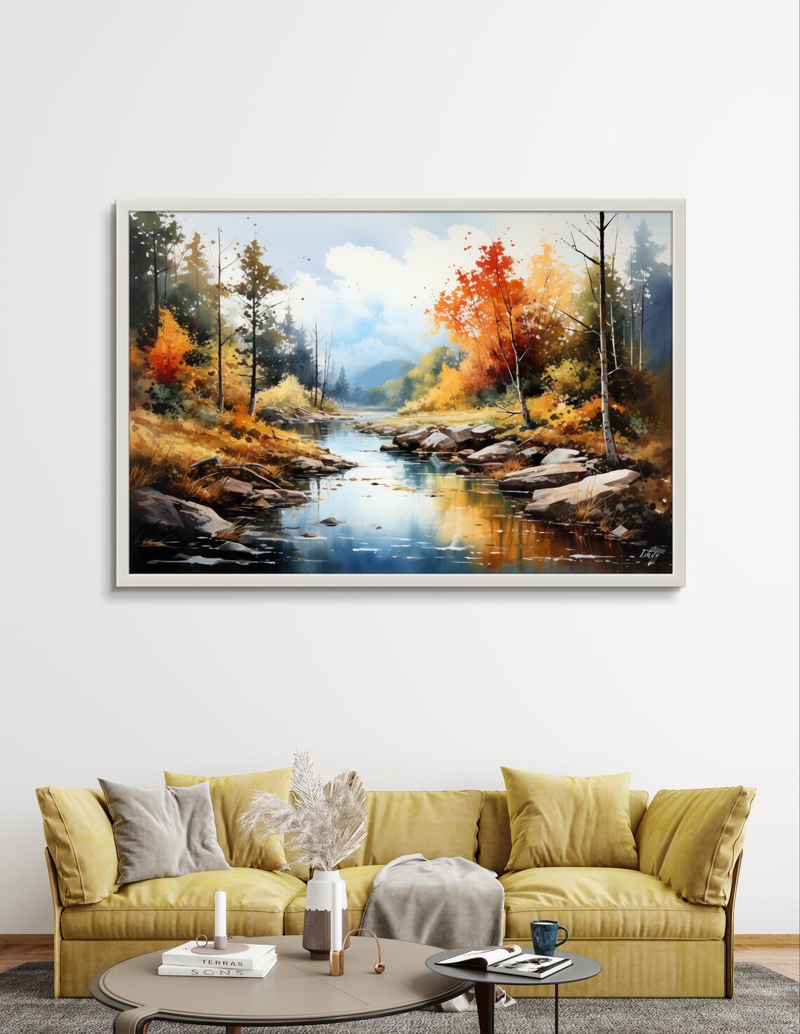 Autumn in New England Fall River and Forest Watercolor Poster - Image 3
