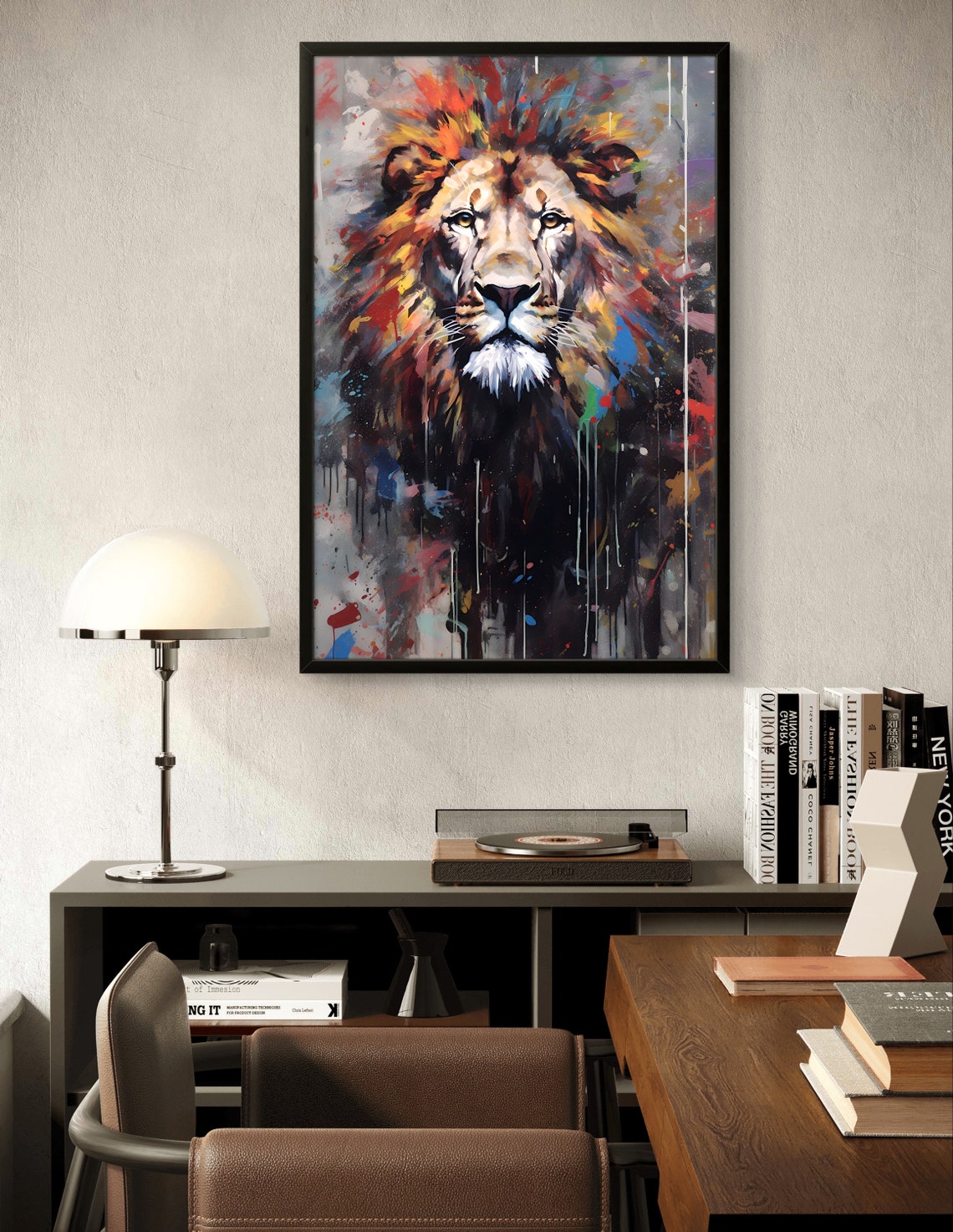 Majestic Lion Portrait in Bold Colorful Drip Paint Style Poster - Image 3