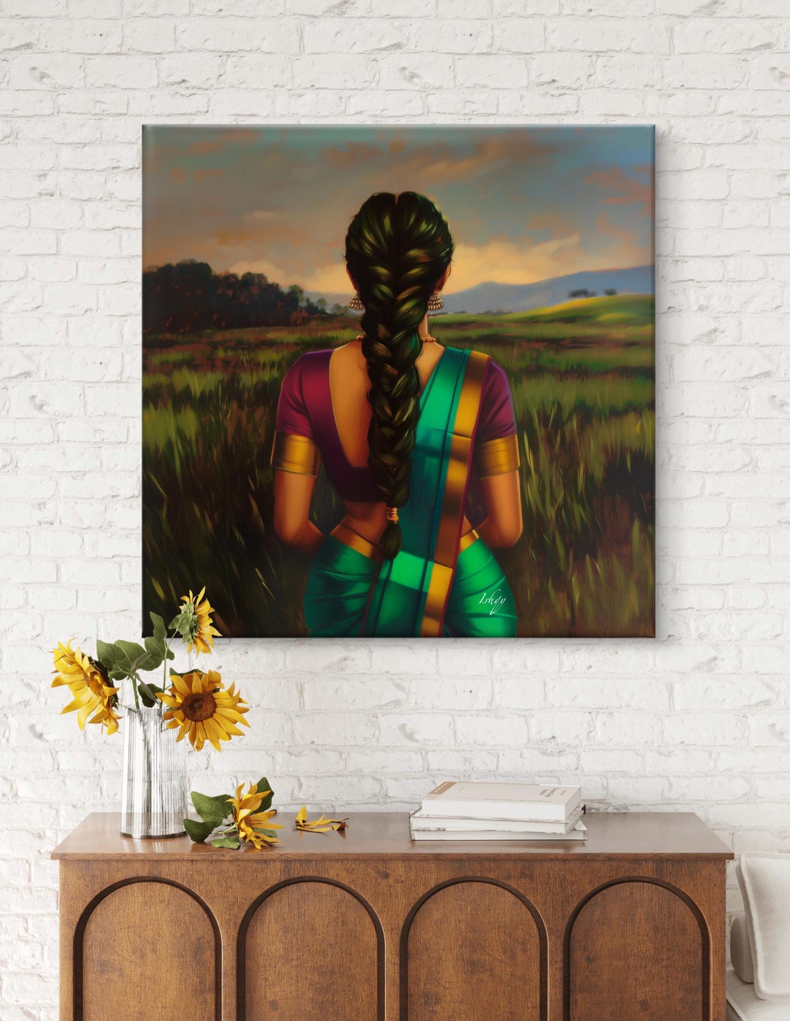 Woman in Green Saree Long Braid Golden Field Sunset Art Poster - Image 5