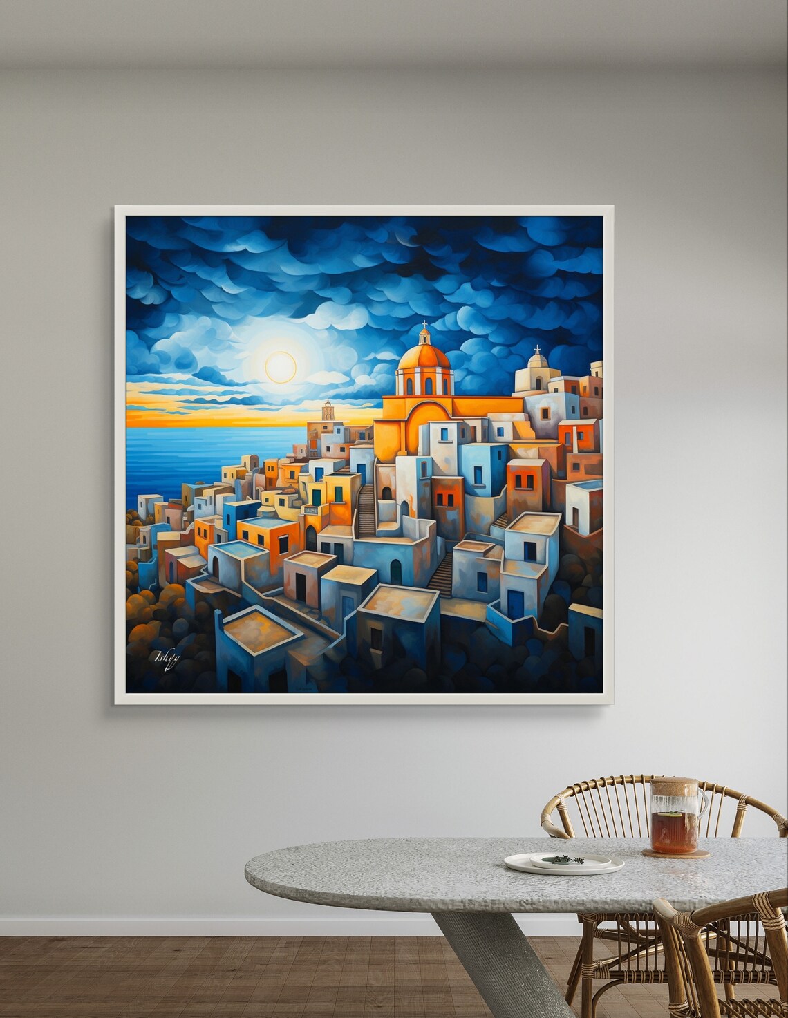 Greek Island Coastal Town at Sunset with Blue Domed Church Poster - Image 3