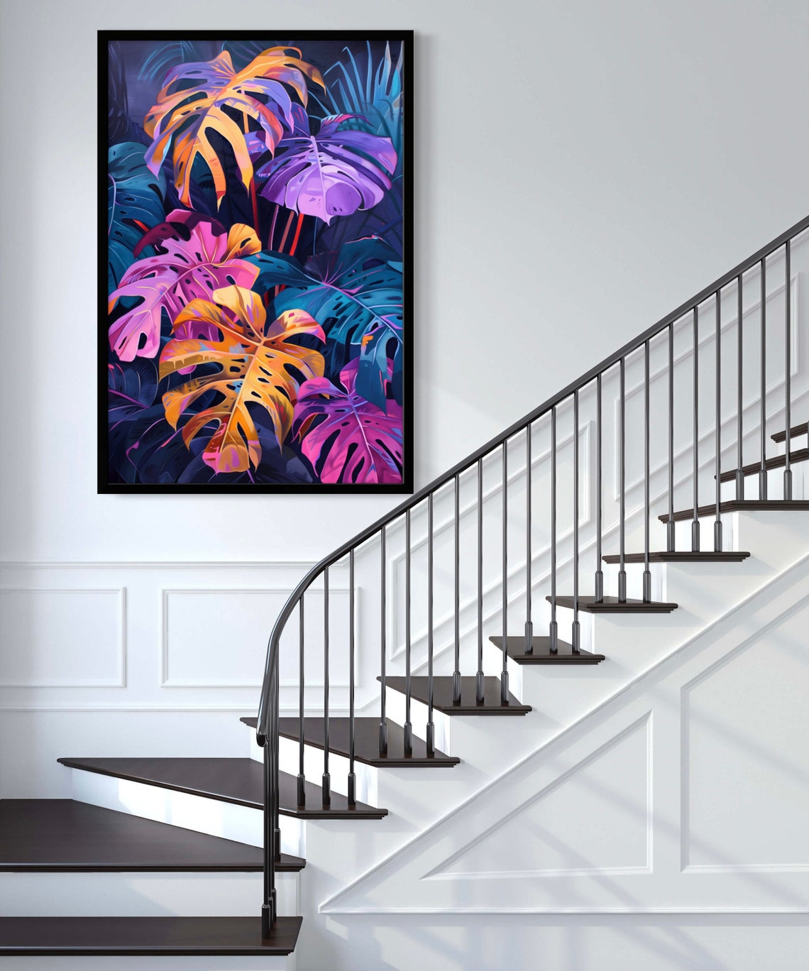 Neon Tropical Monstera Leaves on Dark Navy Background Art Poster - Image 2