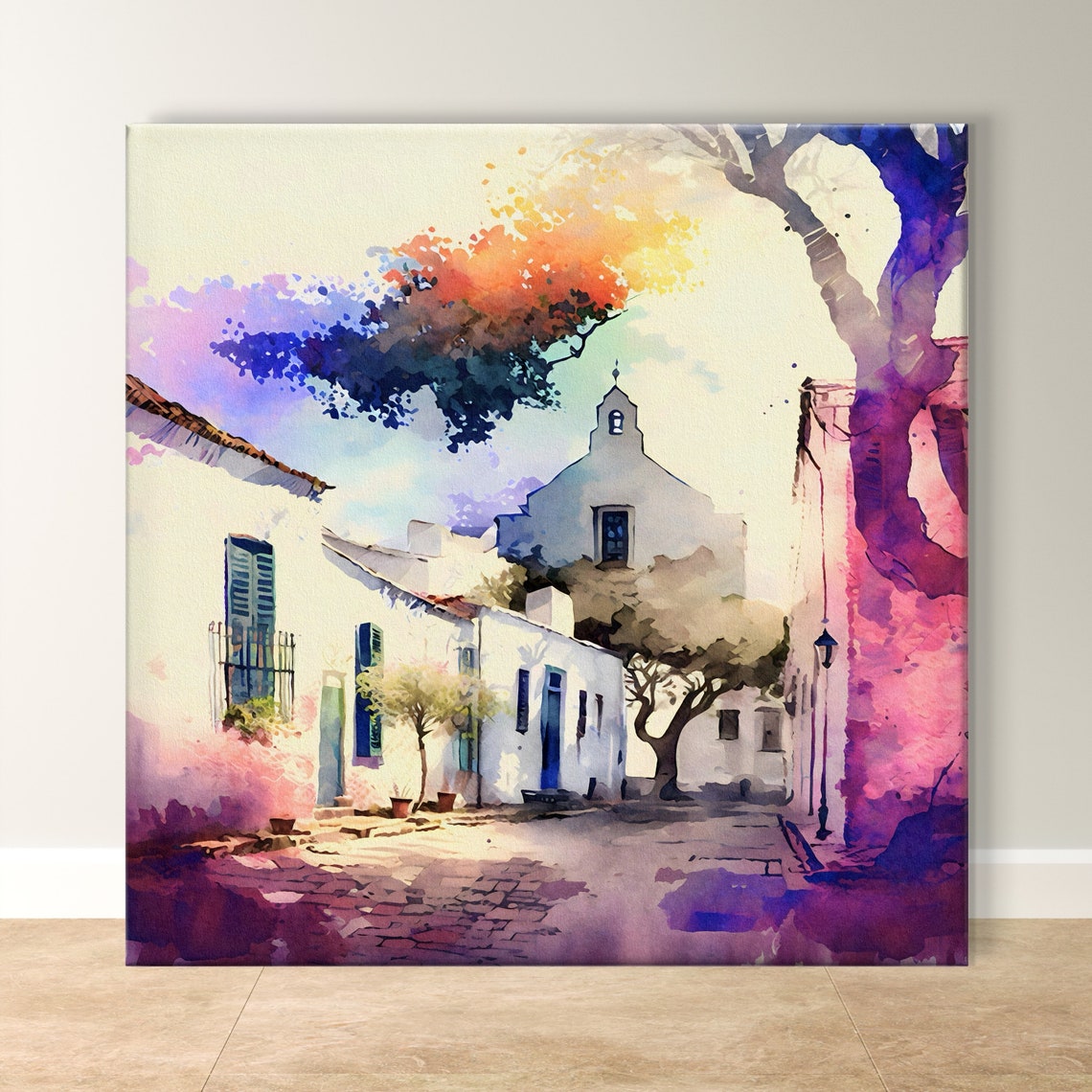 White Colonial Chapel Watercolor Village Street Serene Poster