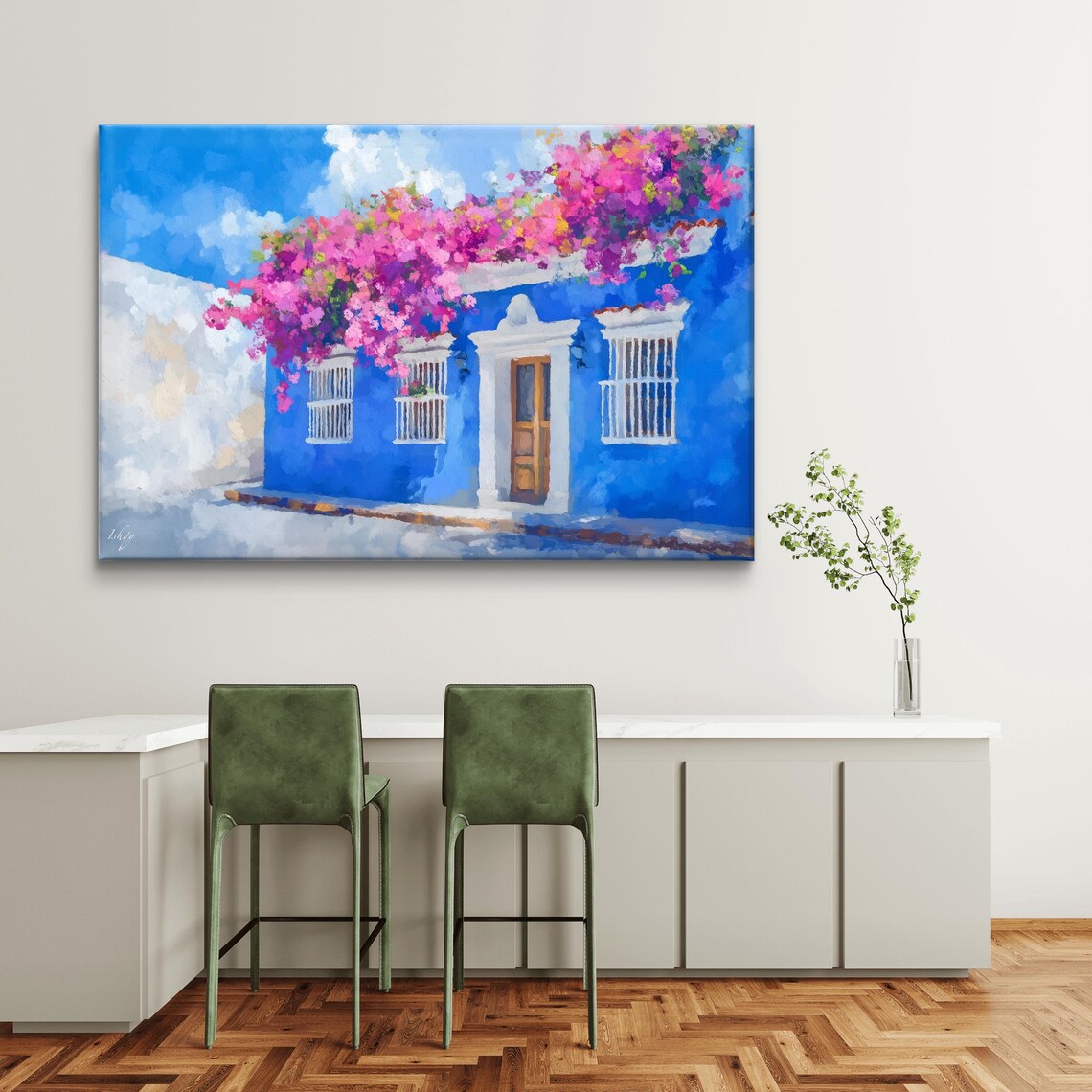 Cobalt Blue Colombian Colonial House With Bougainvillea Street Poster - Image 4