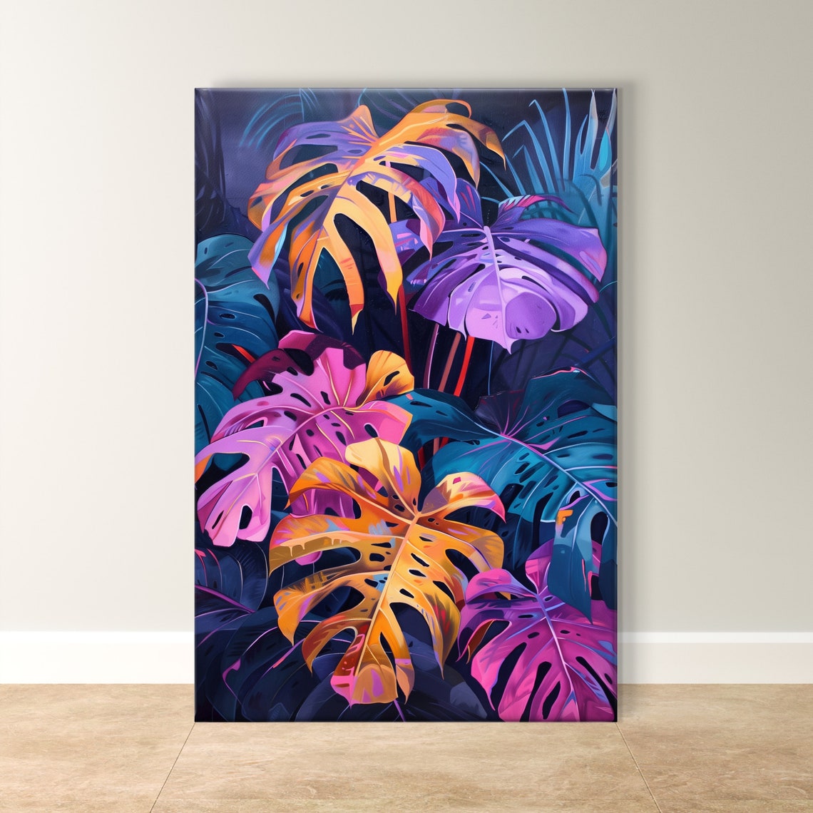 Neon Tropical Monstera Leaves on Dark Navy Background Art Poster