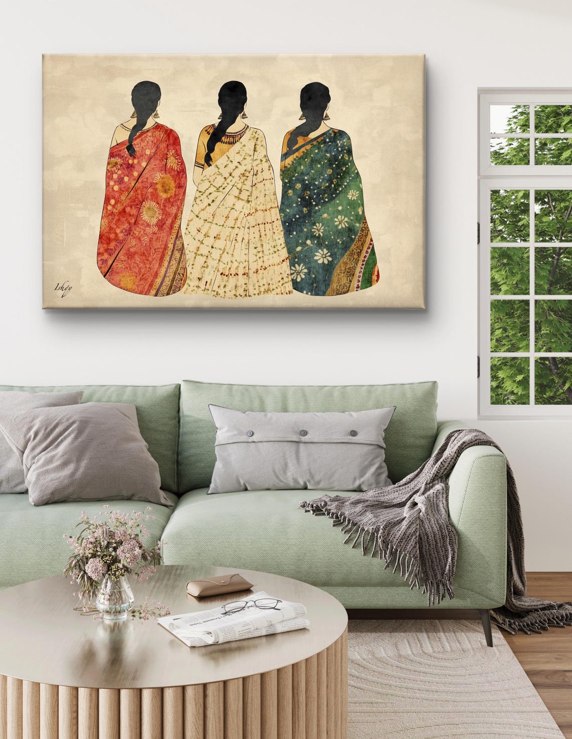 Three Graceful Women in Sarees Back View Indian Heritage Art Poster - Image 5