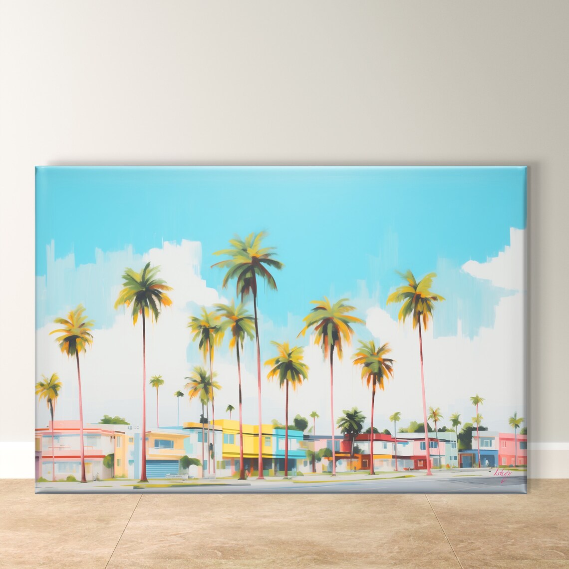 Miami Palm Trees and Pastel Art Deco Buildings Sunny Street Poster
