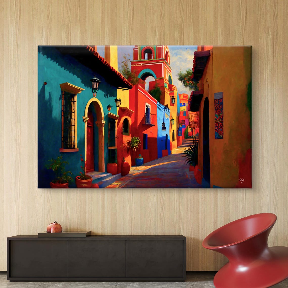 Sunlit Mexican Colonial Street With Red Bell Tower Village Poster - Image 6