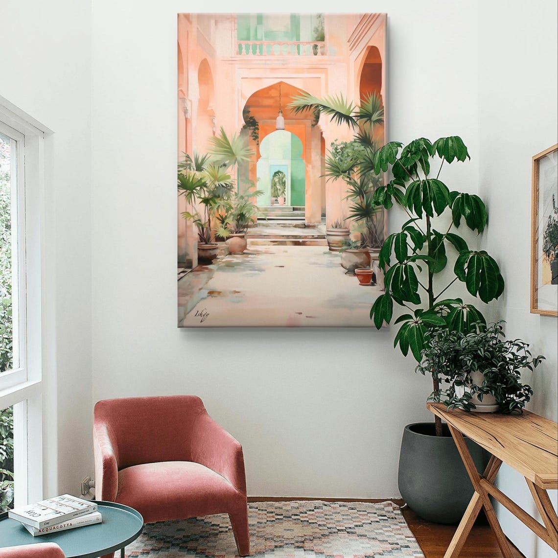 Peach Courtyard with Arched Corridor and Palm Plants Art Poster - Image 4