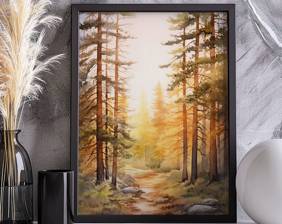 Golden Sunrise Pine Forest Warm Light Watercolor Woodland Poster