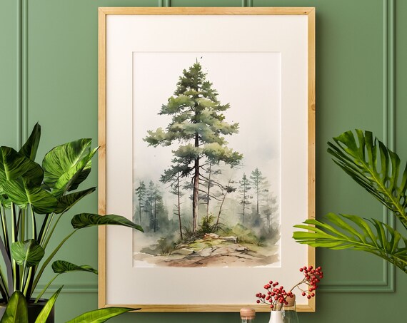 Lone Pine Tree Rocky Hillside Misty Watercolor Forest Art Poster