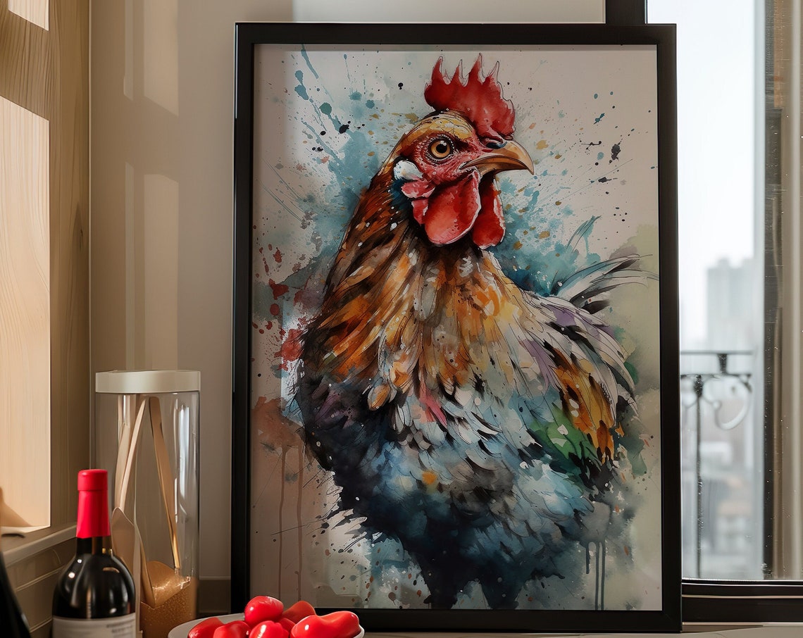 Colorful Rooster Portrait Watercolor Farm Animal Splash Poster