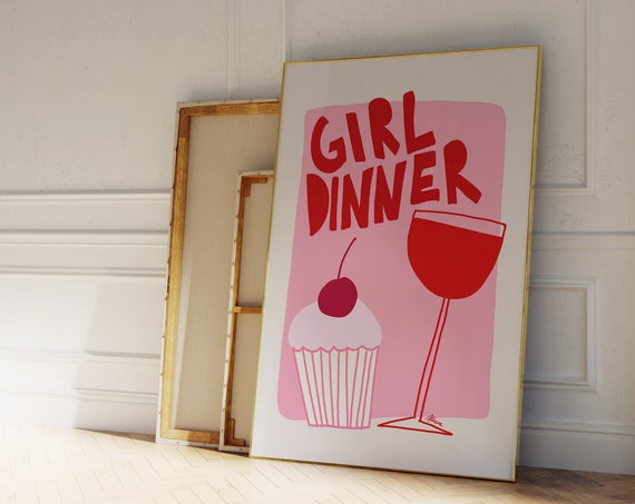 Coquette Wall Art Girl Dinner Print Red And Pink Decor Apartment Cute Girly Kitchen Feminine
