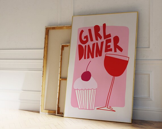 Girl Dinner Cupcake and Wine Playful Pink Kitchen Typography Poster