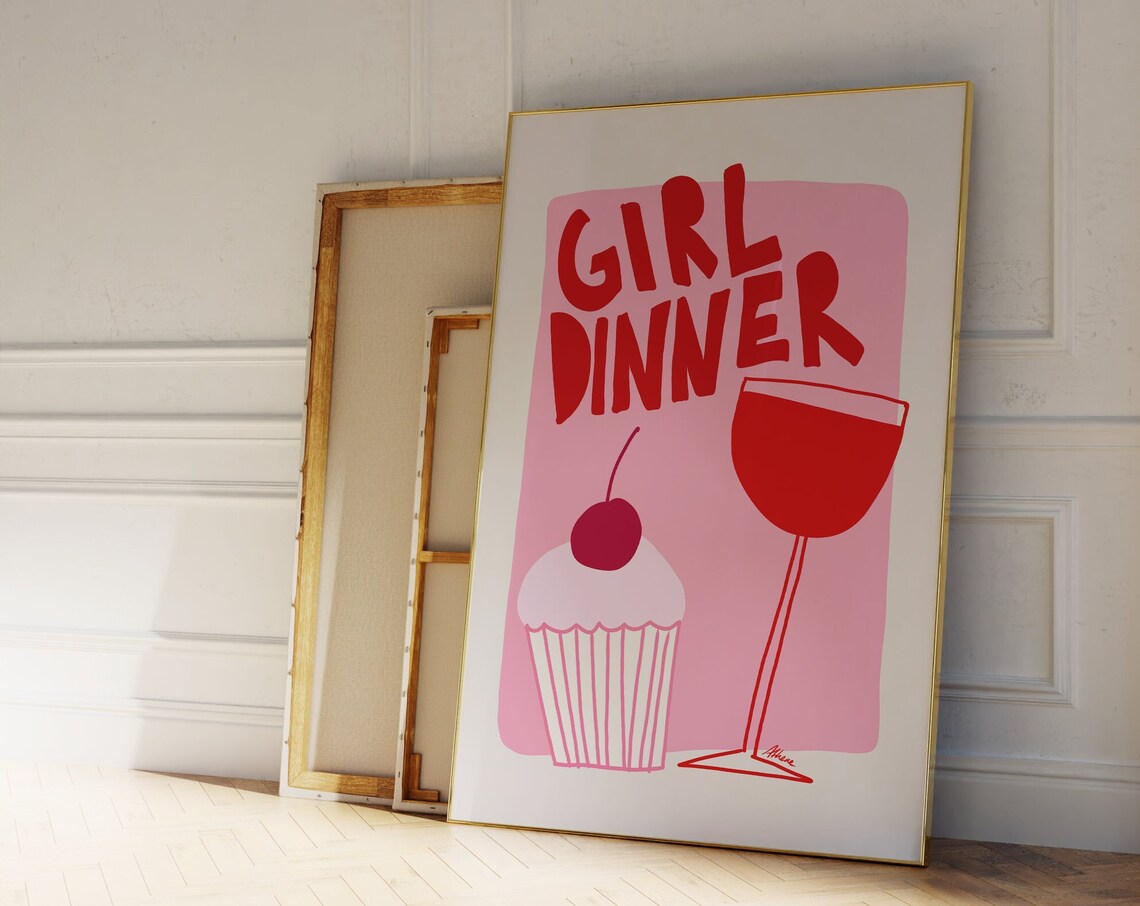 Girl Dinner Cupcake and Wine Playful Pink Kitchen Typography Poster