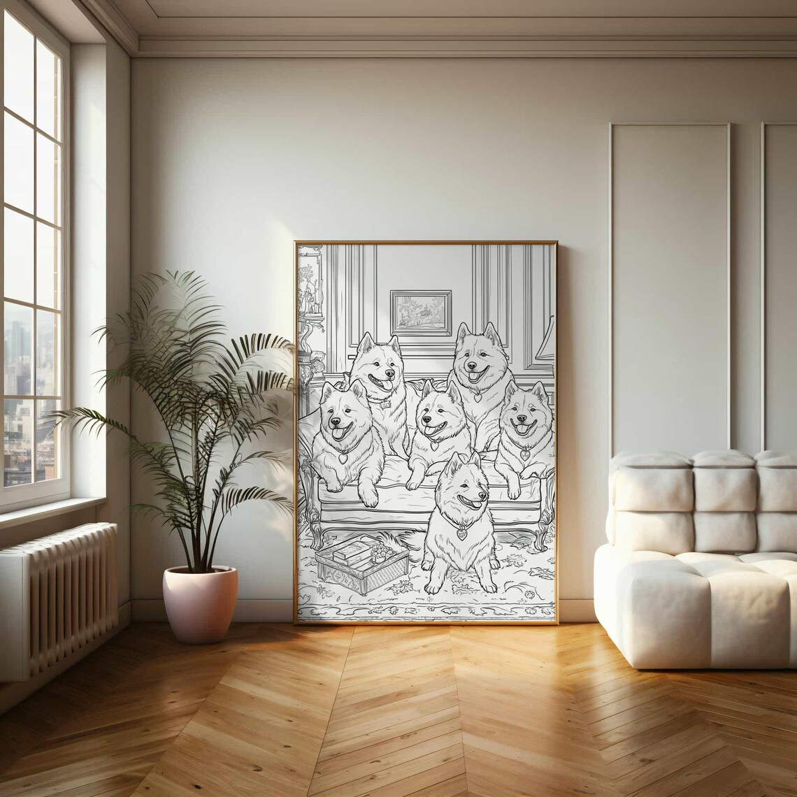 Six Samoyed Dogs Family Portrait Line Art Illustration Poster - Image 2