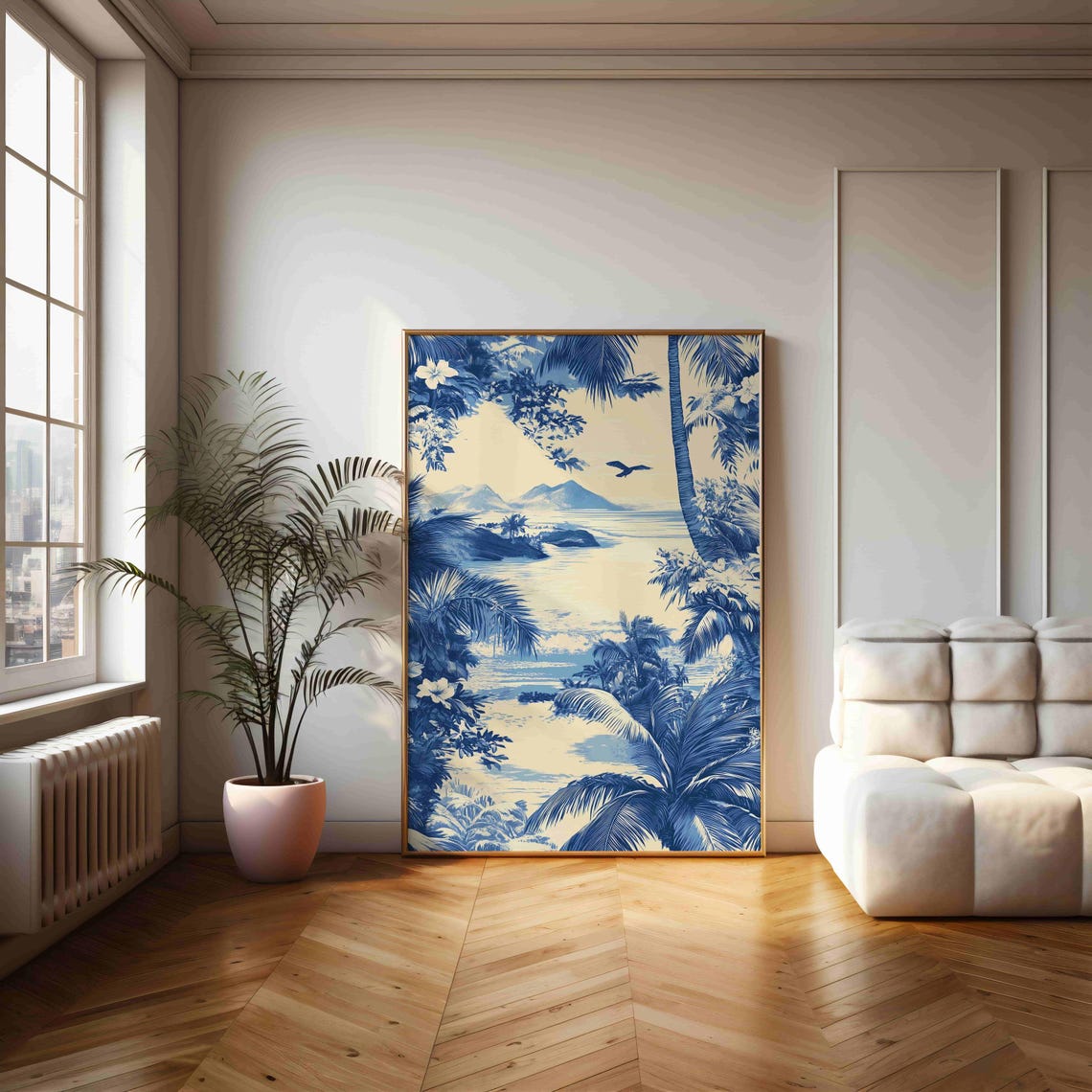 Blue And White Tropical Lagoon View Through Palm Fronds Art Print - Image 2