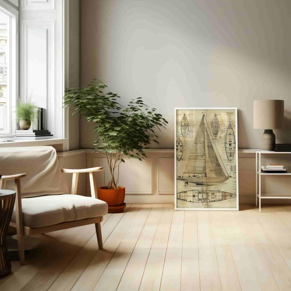 Vintage Sailing Yacht Sepia Technical Line Drawing Art Decor Poster - Image 2