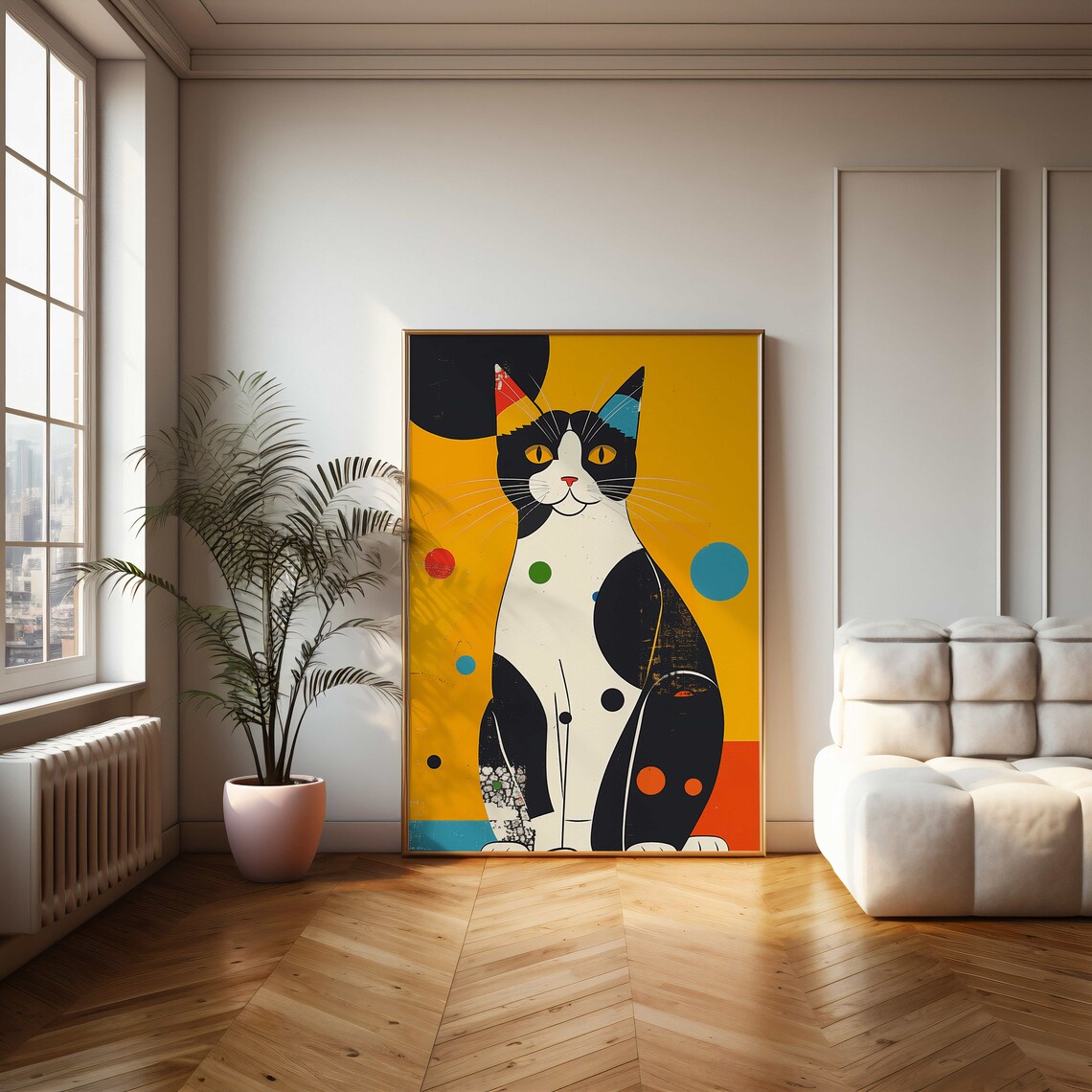 Geometric Modern Black And White Cat On Bold Yellow Pop Art Poster - Image 2