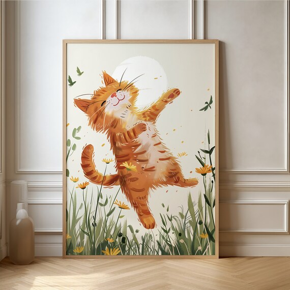 Joyful Ginger Cat Dancing in a Sunny Flower Meadow Art Poster