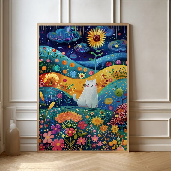 Whimsical Cat Fantasy Garden Night Scene Art Print