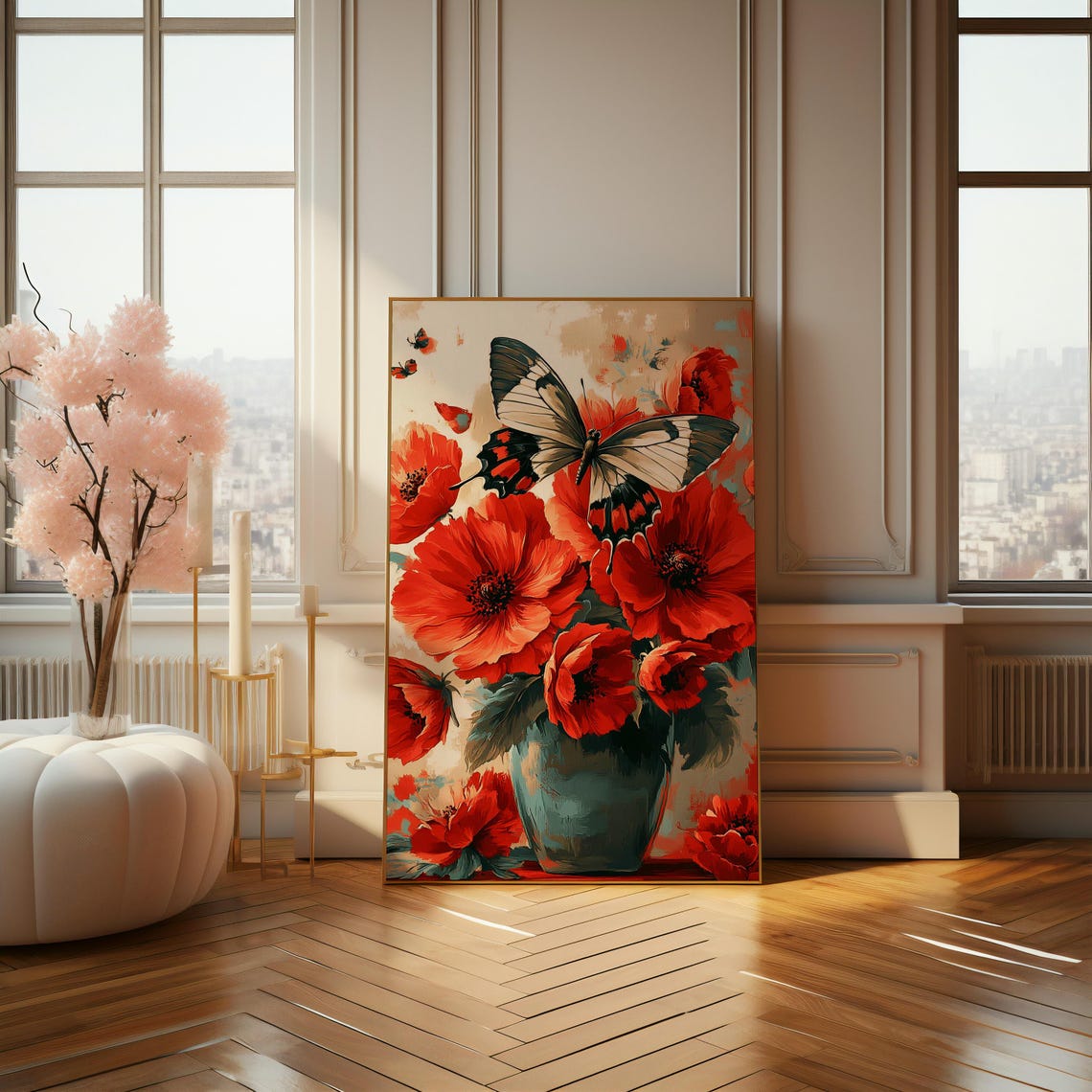 Butterfly Resting On Red Poppies In Blue Vase Floral Art Poster - Image 4
