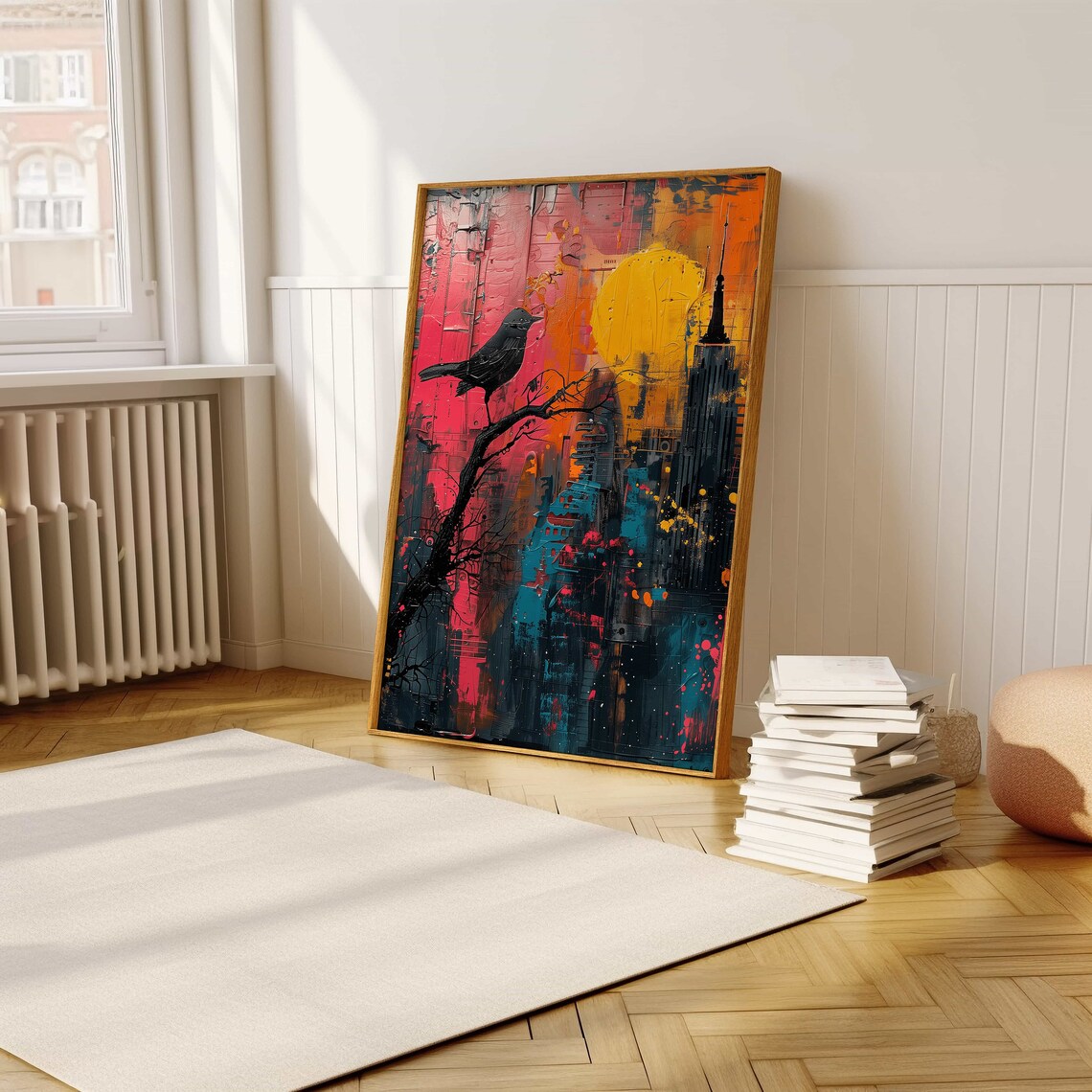 Blackbird Silhouette Over Sunset City Skyline Abstract Poster - Image 5