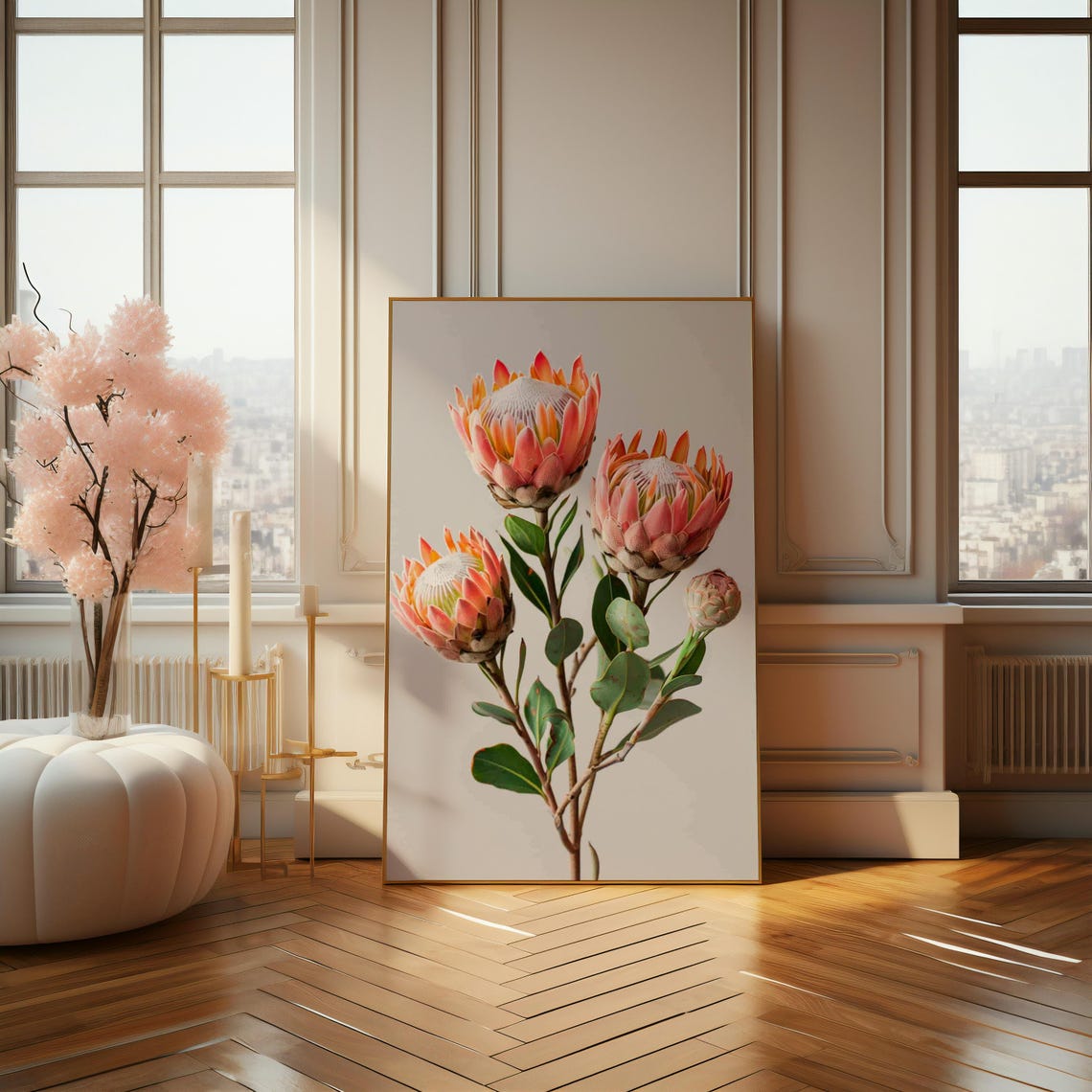 Pink King Protea Stems On White Minimalist Botanical Art Print - Image 4