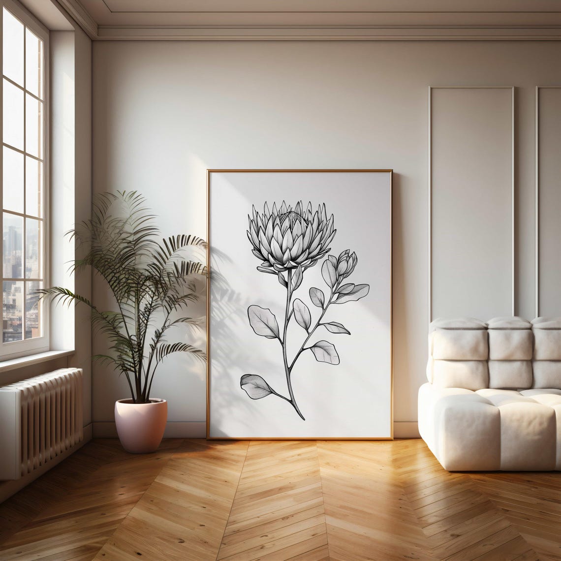 King Protea Minimalist Black White Botanical Line Art Poster - Image 2