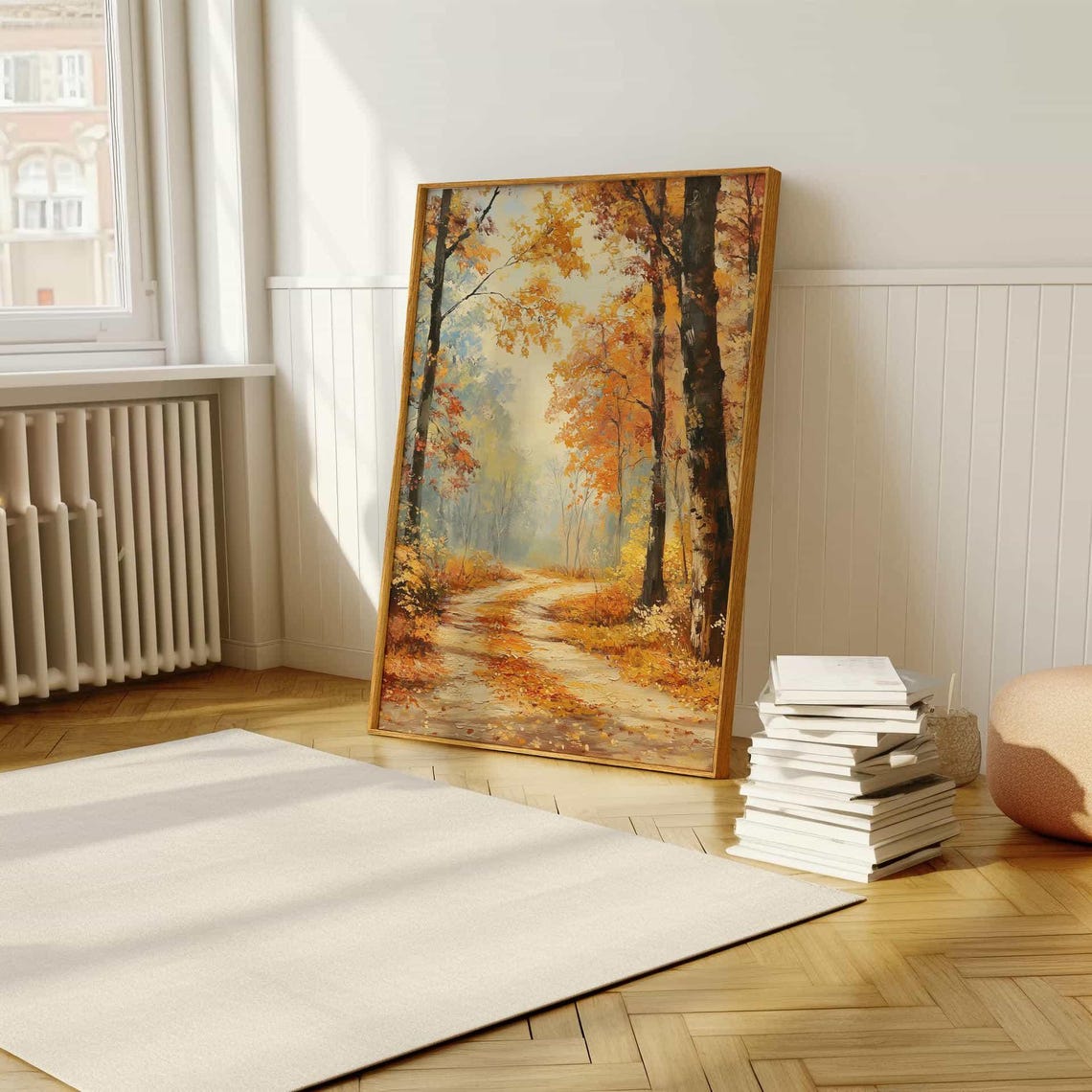 Golden Autumn Forest Path With Falling Leaves Oil Painting Poster - Image 5