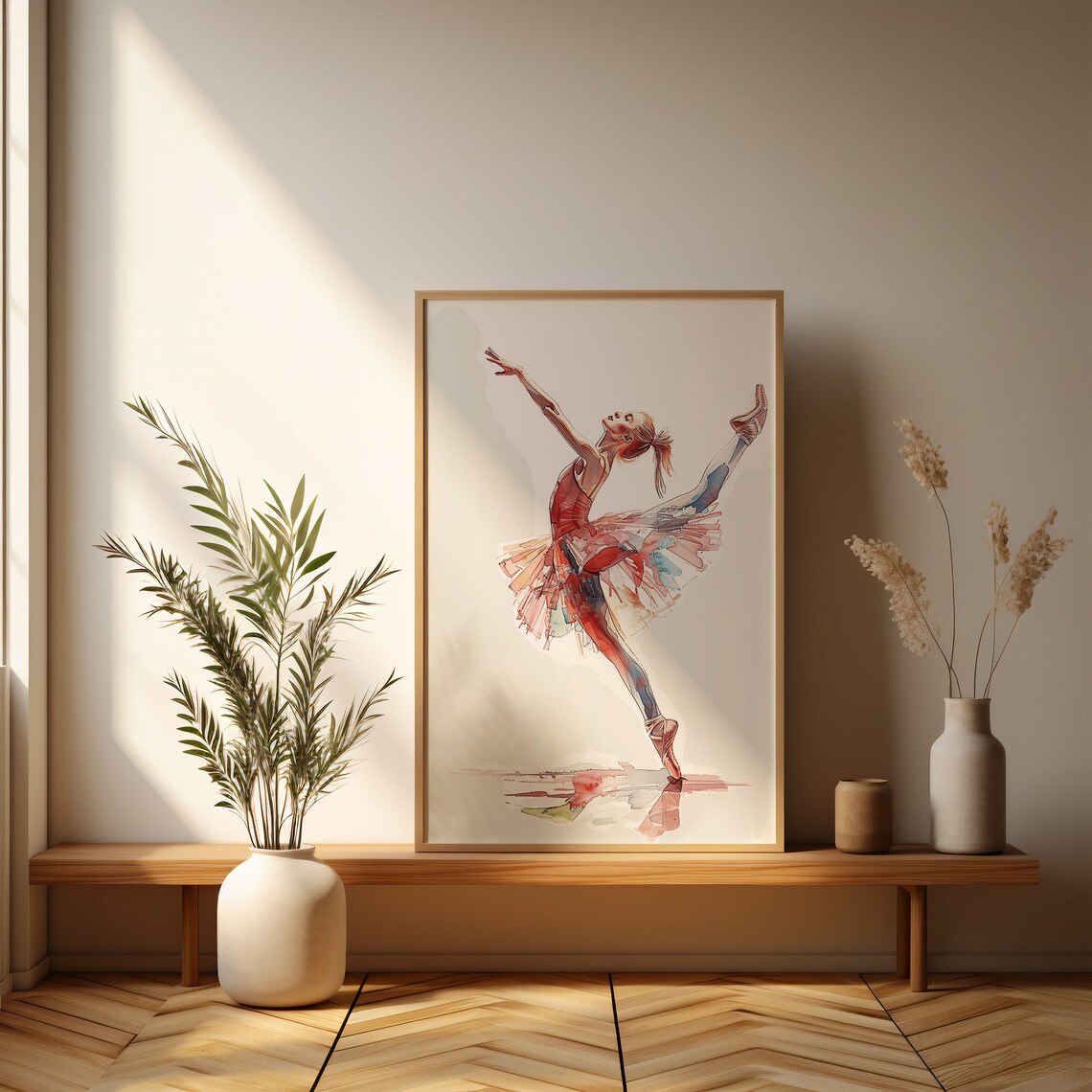 Elegant Ballerina in a Flowing Red Tutu Watercolor Dance Poster - Image 3