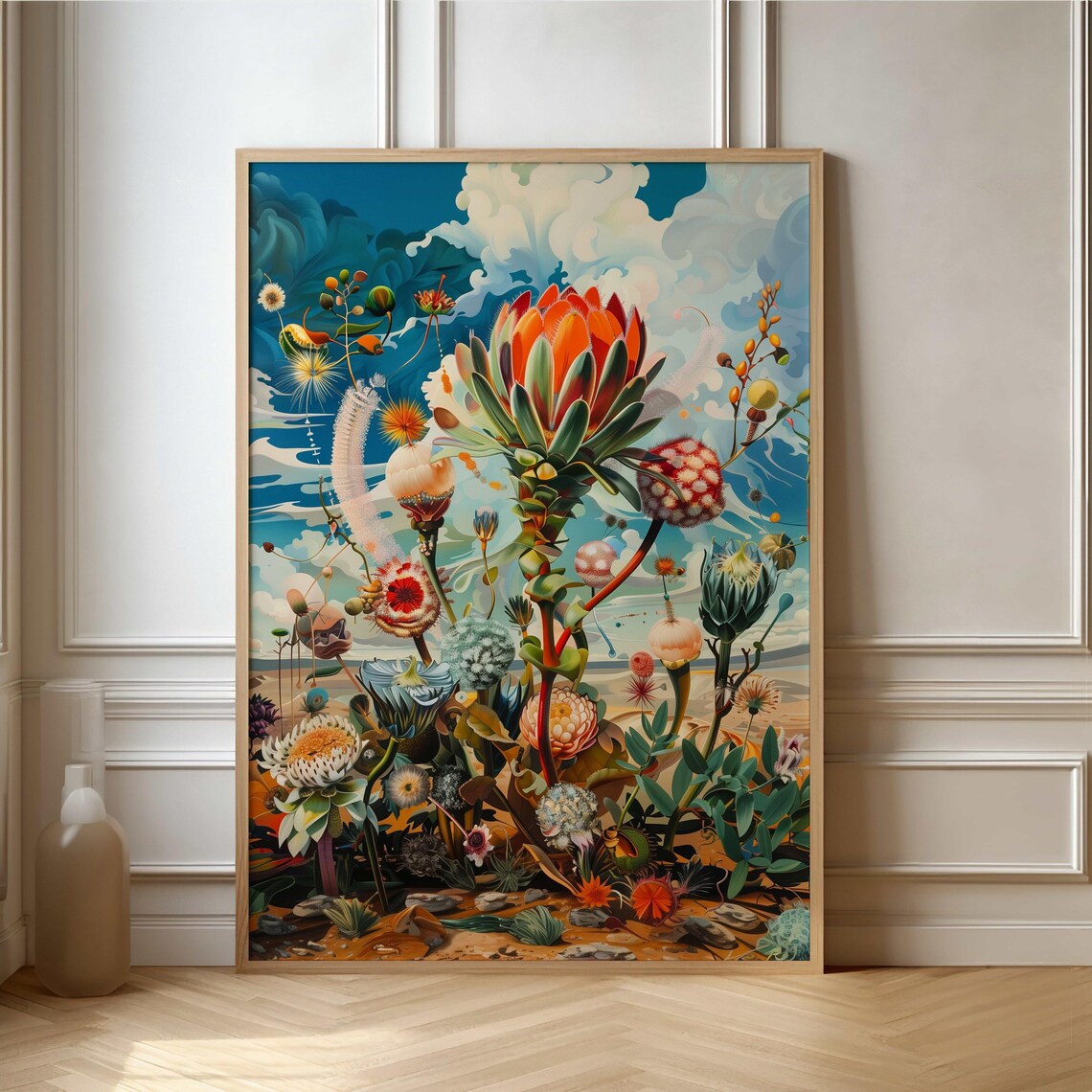 Whimsical Protea Meadow Surreal Bright Blue Sky Fantasy Art Poster