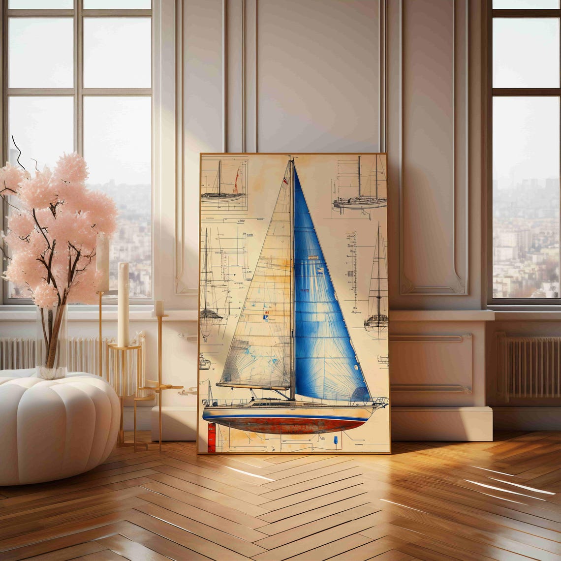 Vintage Sailboat Technical Diagram With a Striking Blue Sail Poster - Image 4