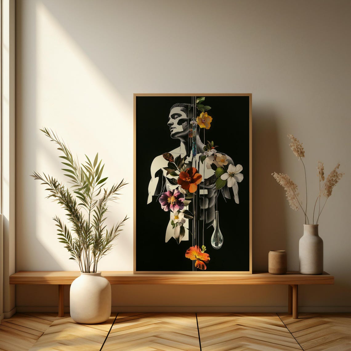 Surreal Floral Male Torso Silhouette Collage Art on Black Poster - Image 3