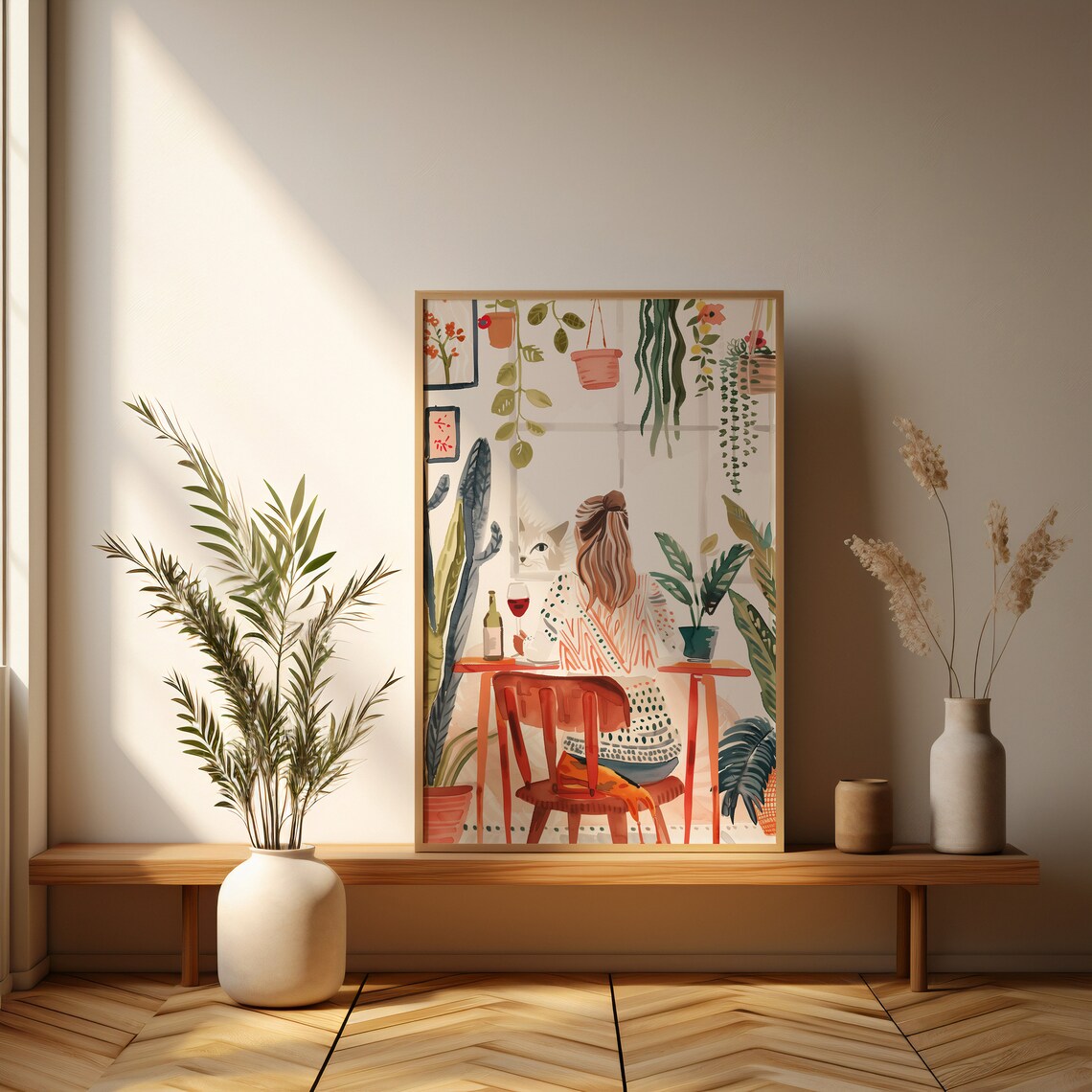Woman Enjoying Wine With Cat Among Houseplants Watercolor Poster - Image 2
