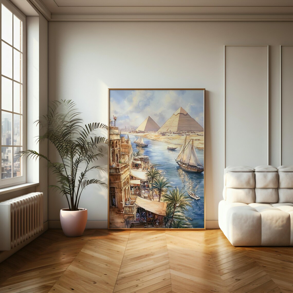 Giza Pyramids By The Nile With Felucca Boats Egypt Travel Poster - Image 2