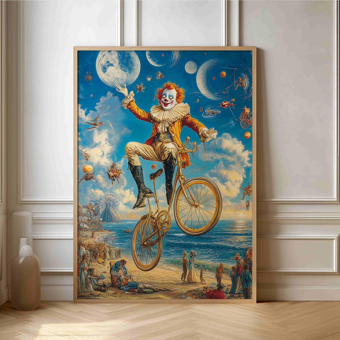 Surreal Clown Riding Bicycle Over Beach Moonscape Art Poster