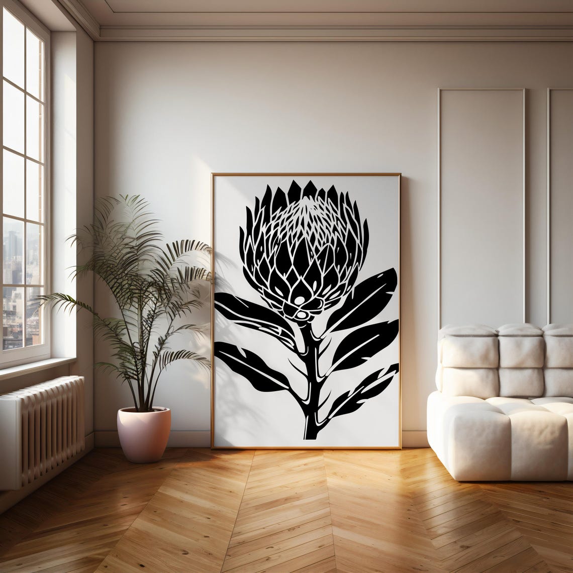 Bold Black Protea Silhouette Graphic Linocut Style Botanical Poster - Image 2