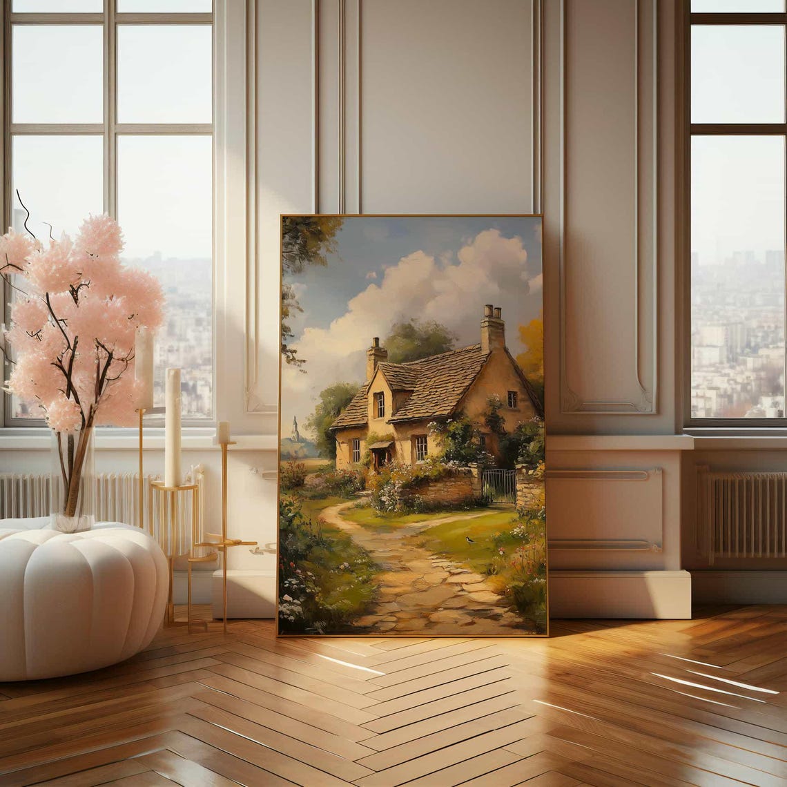 Charming Stone Cottage with Garden Path Rustic Oil Painting Poster - Image 4