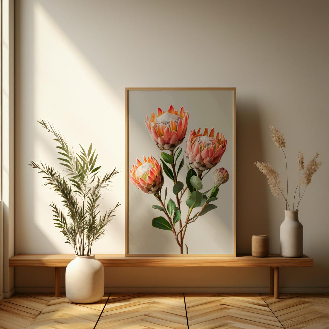 Pink King Protea Stems On White Minimalist Botanical Art Print - Image 3