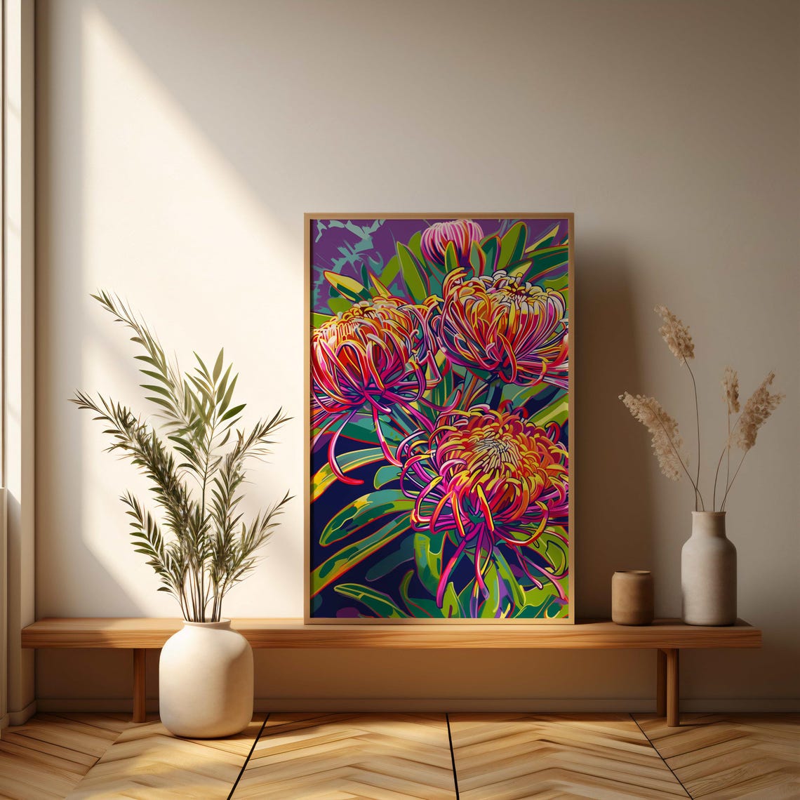 Vibrant Neon Chrysanthemum Blooms on Deep Purple Pop Art Poster - Image 3