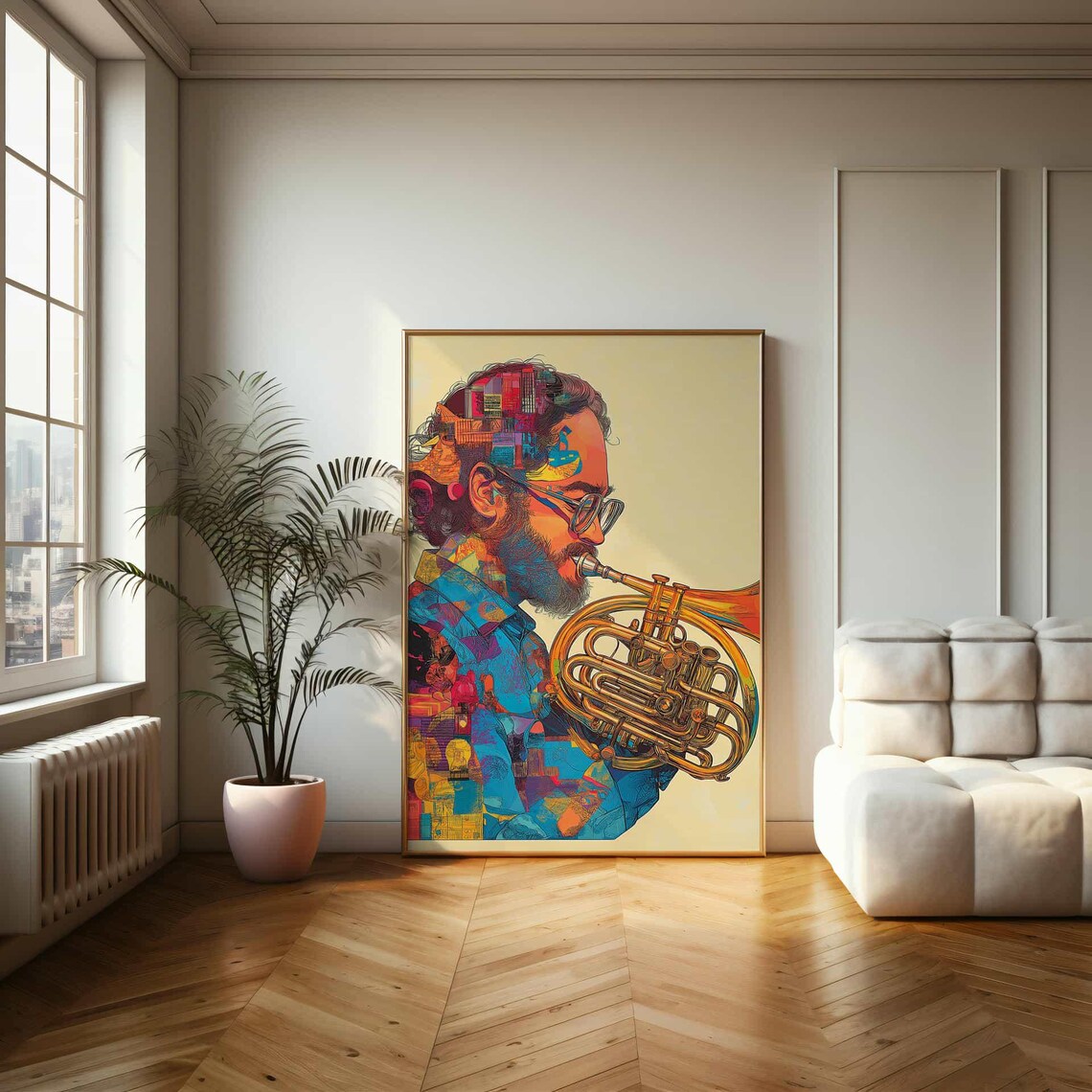 Abstract Colorful Jazz Musician Playing French Horn Geometric Style Wall Art - Image 2