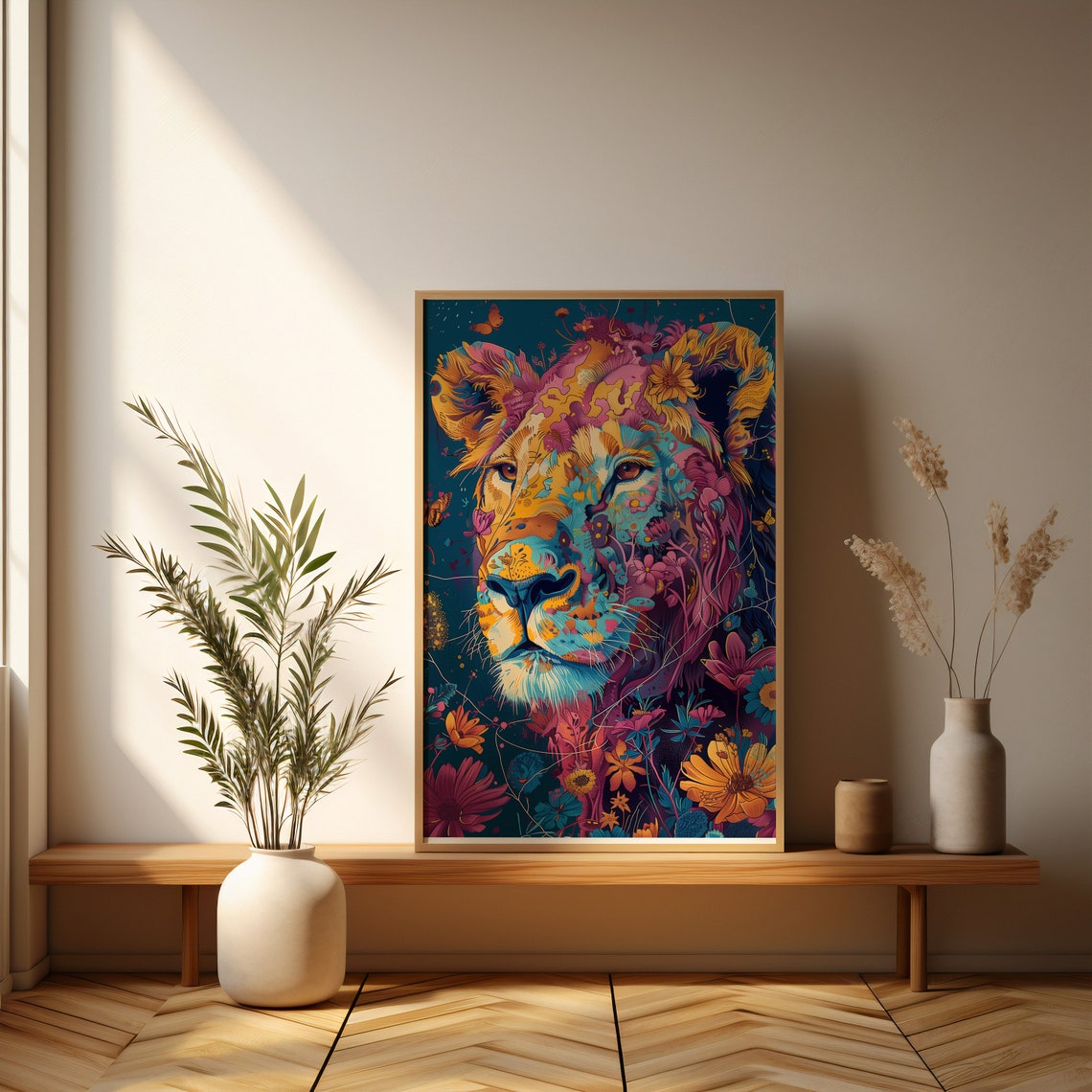 Front Facing Floral Lion Portrait With Butterflies Dark Teal Poster - Image 5