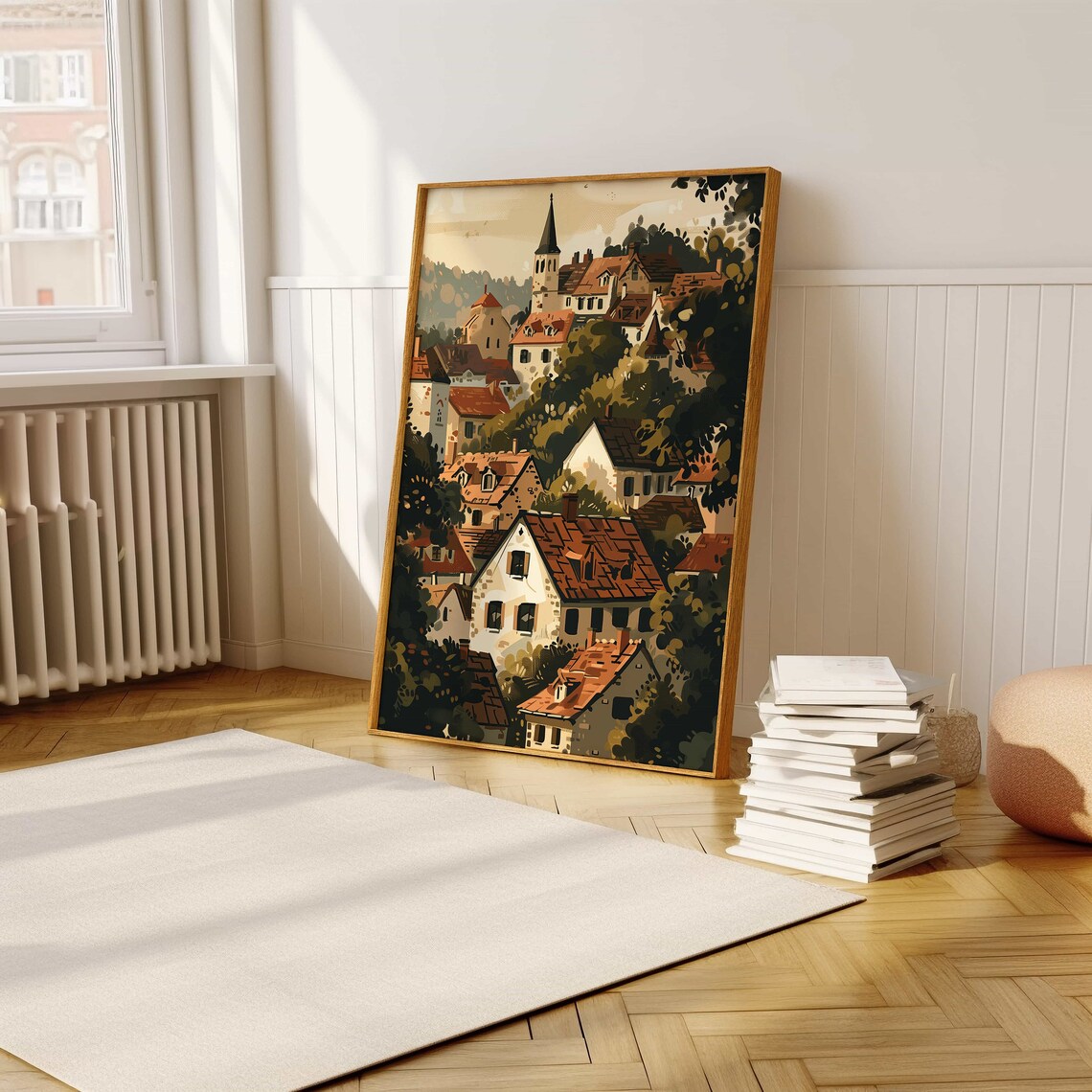 Cozy European Hillside Village Church Steeple Illustration Poster - Image 5