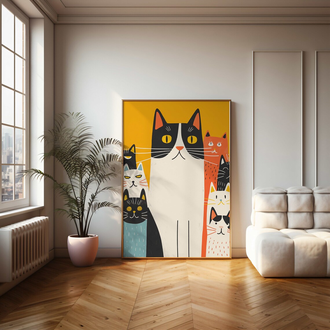 Cartoon Cat Family Group On Bright Yellow Background Art Poster - Image 2