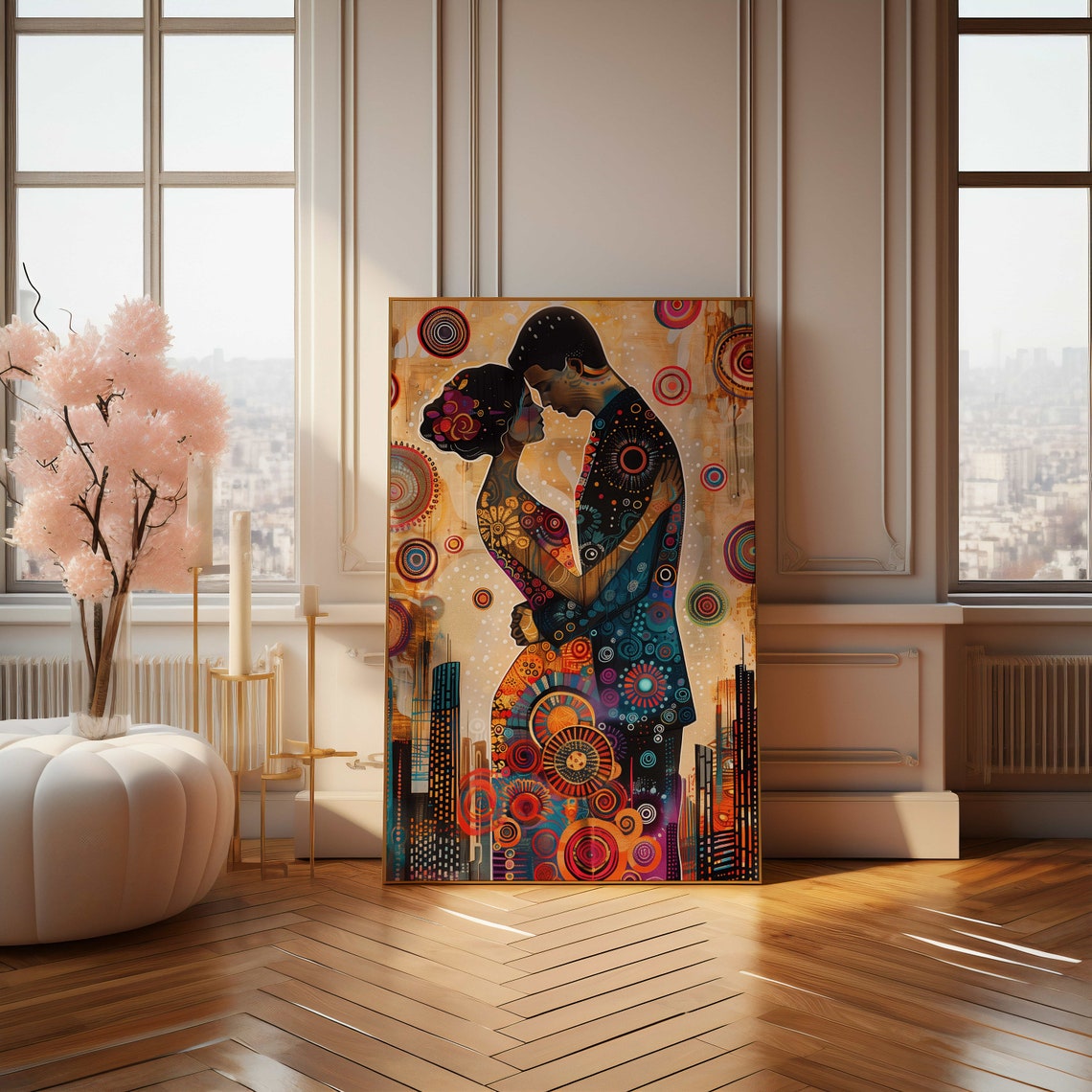 Romantic Couple Embracing African Patterned Celebration Art Poster - Image 4