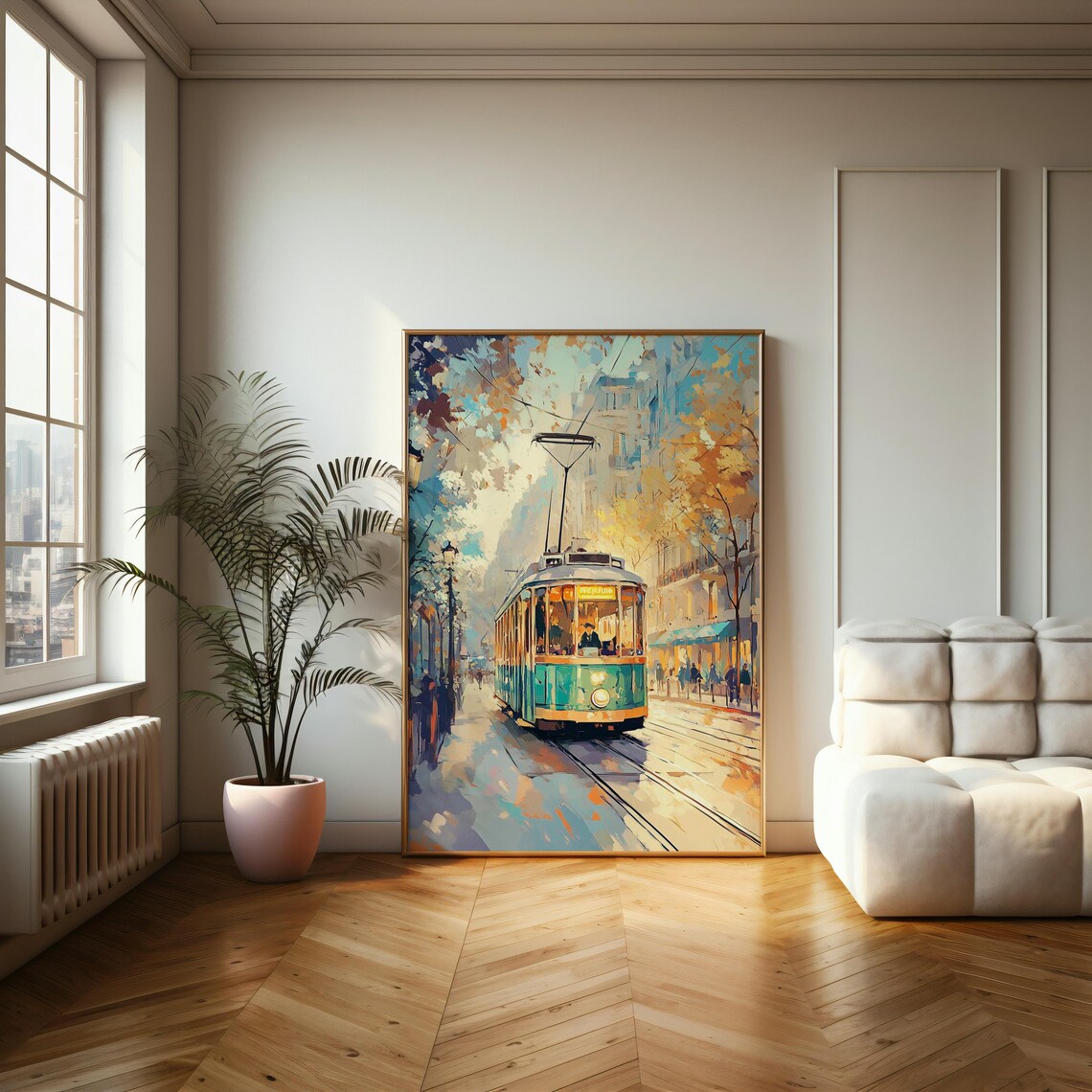 Vintage Tram Ride Through an Autumn City Street Painting Poster - Image 2
