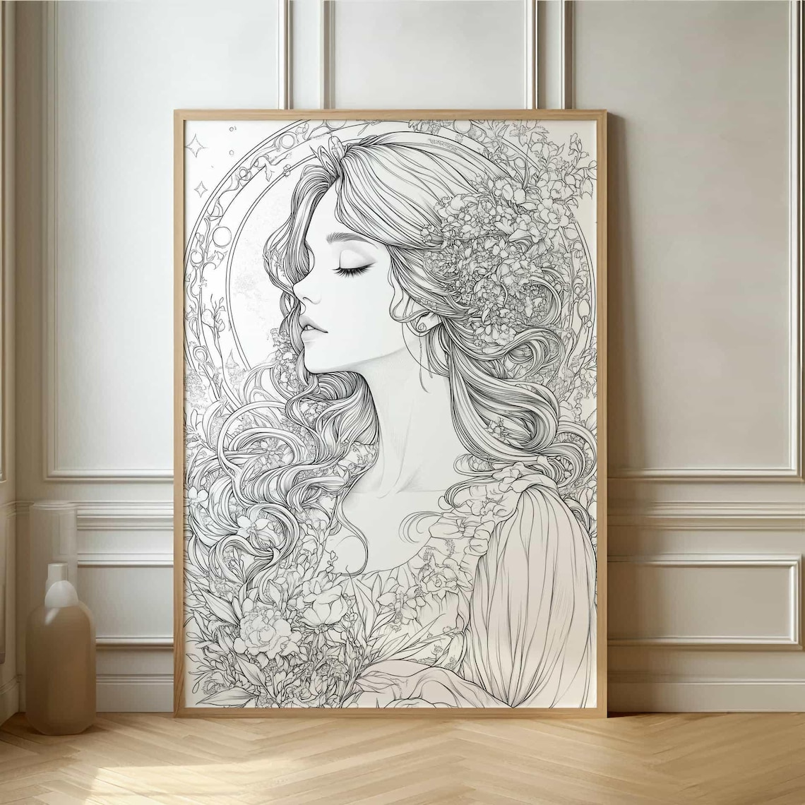Art Nouveau Line Art Woman Profile With Flowing Floral Hair Poster