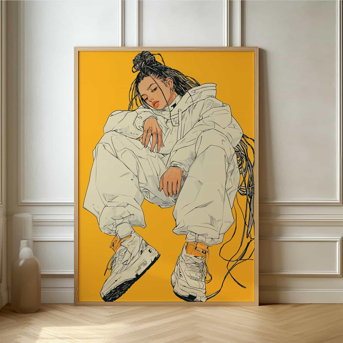 Anime Style Streetwear Girl on Yellow Background Modern Art Poster