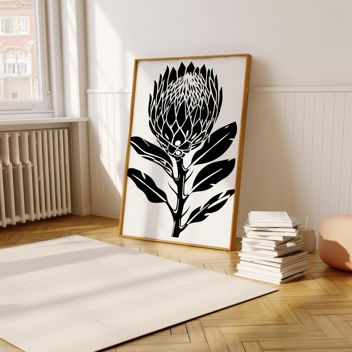 Bold Black Protea Silhouette Graphic Linocut Style Botanical Poster - Image 5